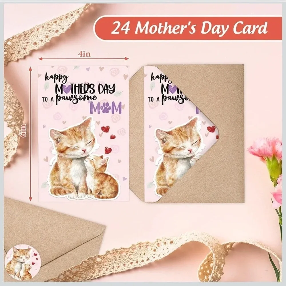 24 Pack Mothers Day Pawsome Mom Cat Greeting Cards with Envelopes and Stickers